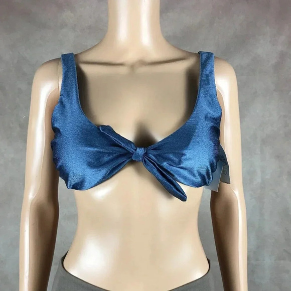 ANNE COLE Scoop-Neck Blue Shiny Bikini Top NWT L - Picture 1 of 10